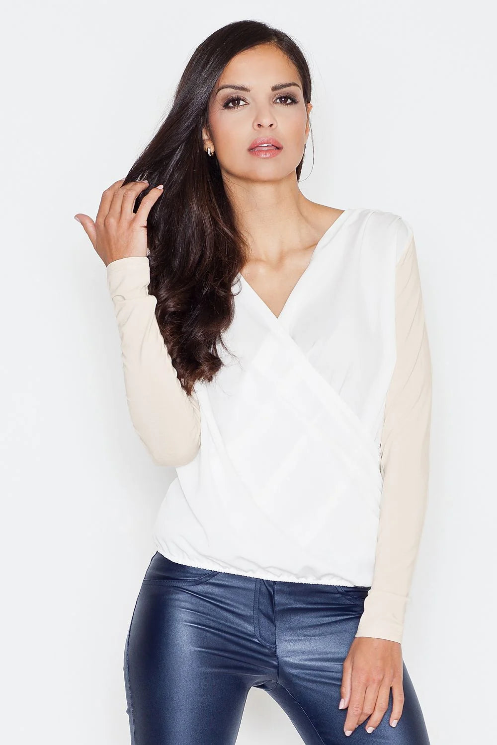 Blouse coton moderne décontractée manches longues contrastées col en V pour femmes élégantes et stylées