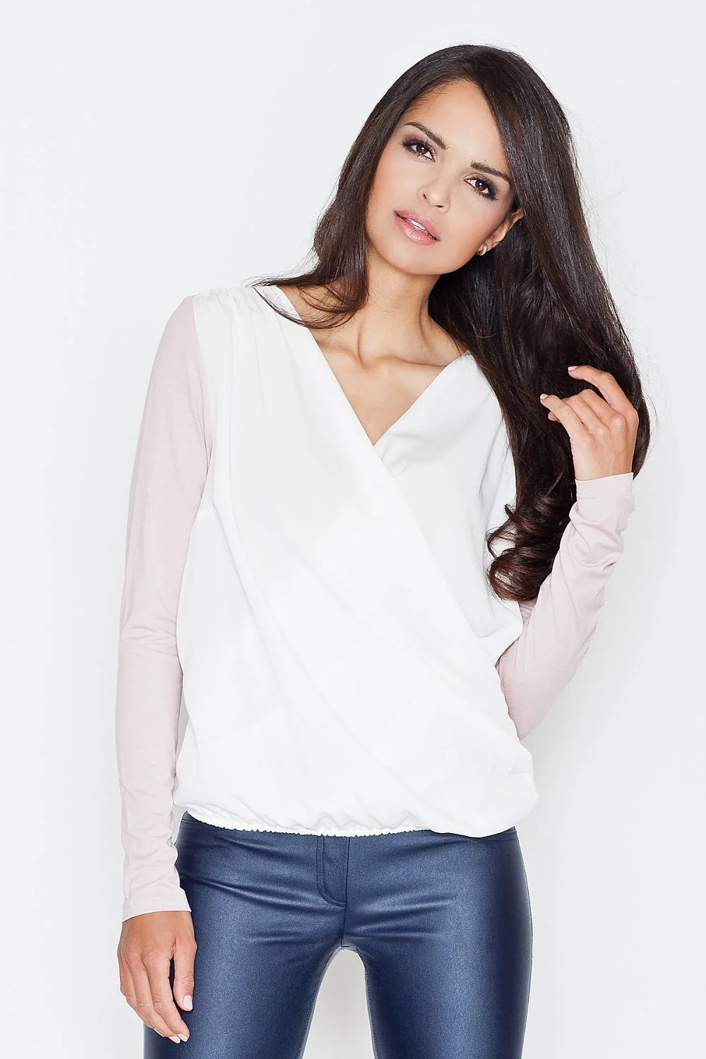 Blouse coton moderne décontractée manches longues contrastées col en V pour femmes élégantes et stylées