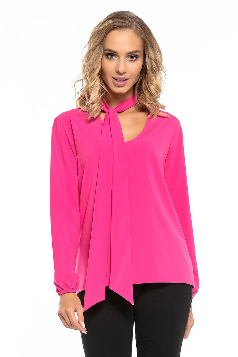 Blouse en polyester fluide moderne élégante avec nœud au cou rose manches longues femme tendance