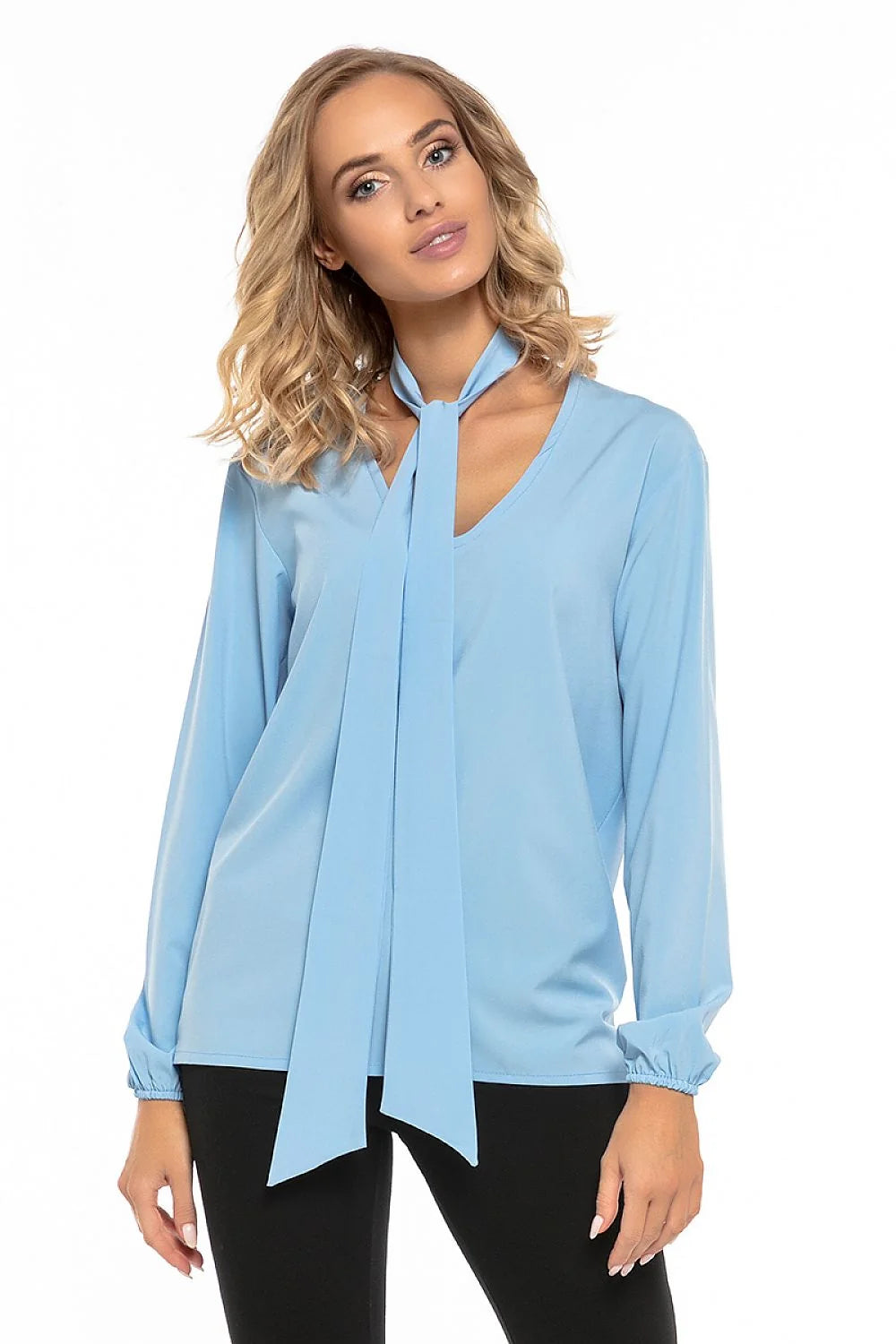Blouse en polyester fluide moderne élégante avec nœud au cou rose manches longues femme tendance