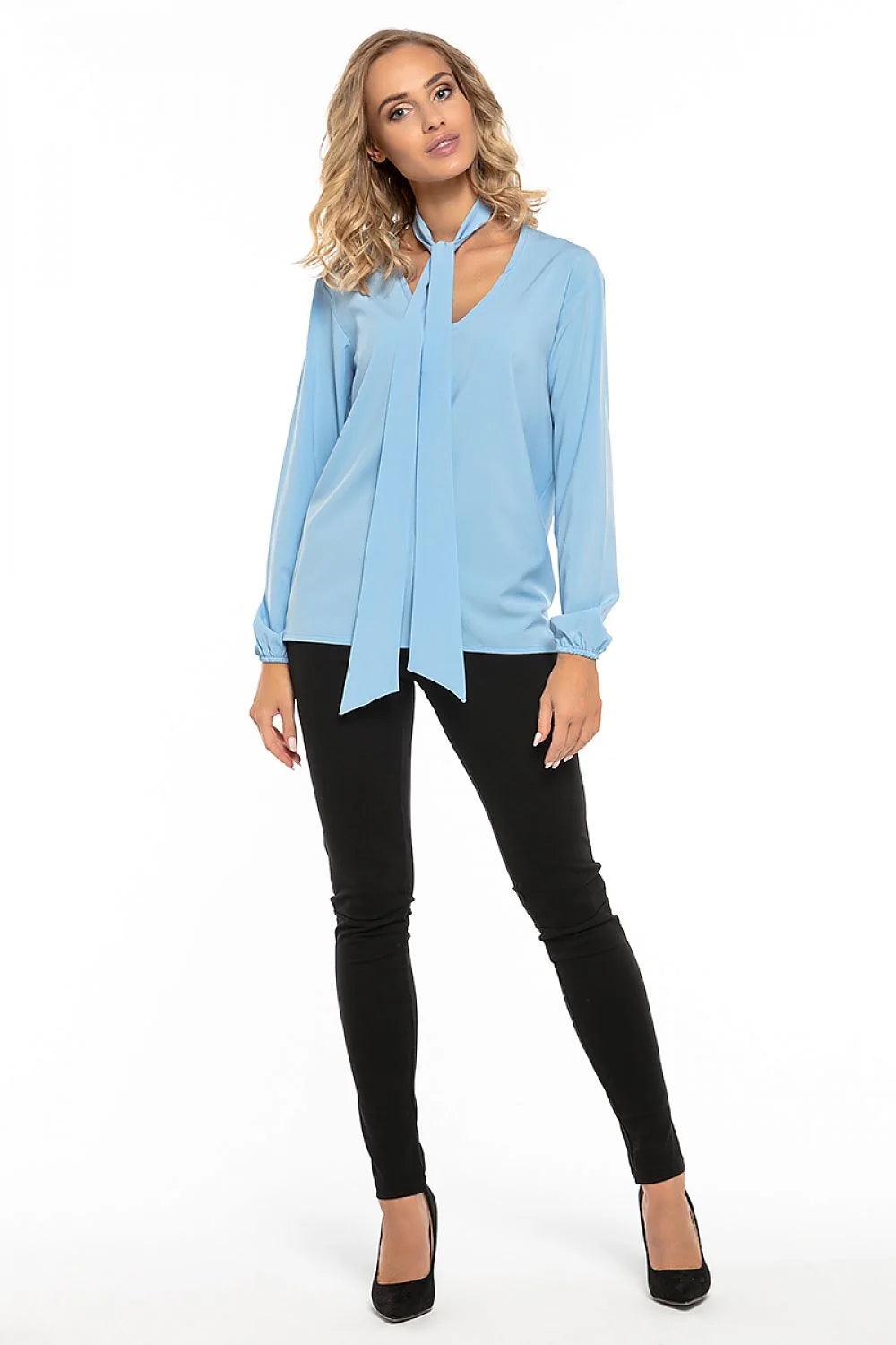 Blouse en polyester fluide moderne élégante avec nœud au cou rose manches longues femme tendance