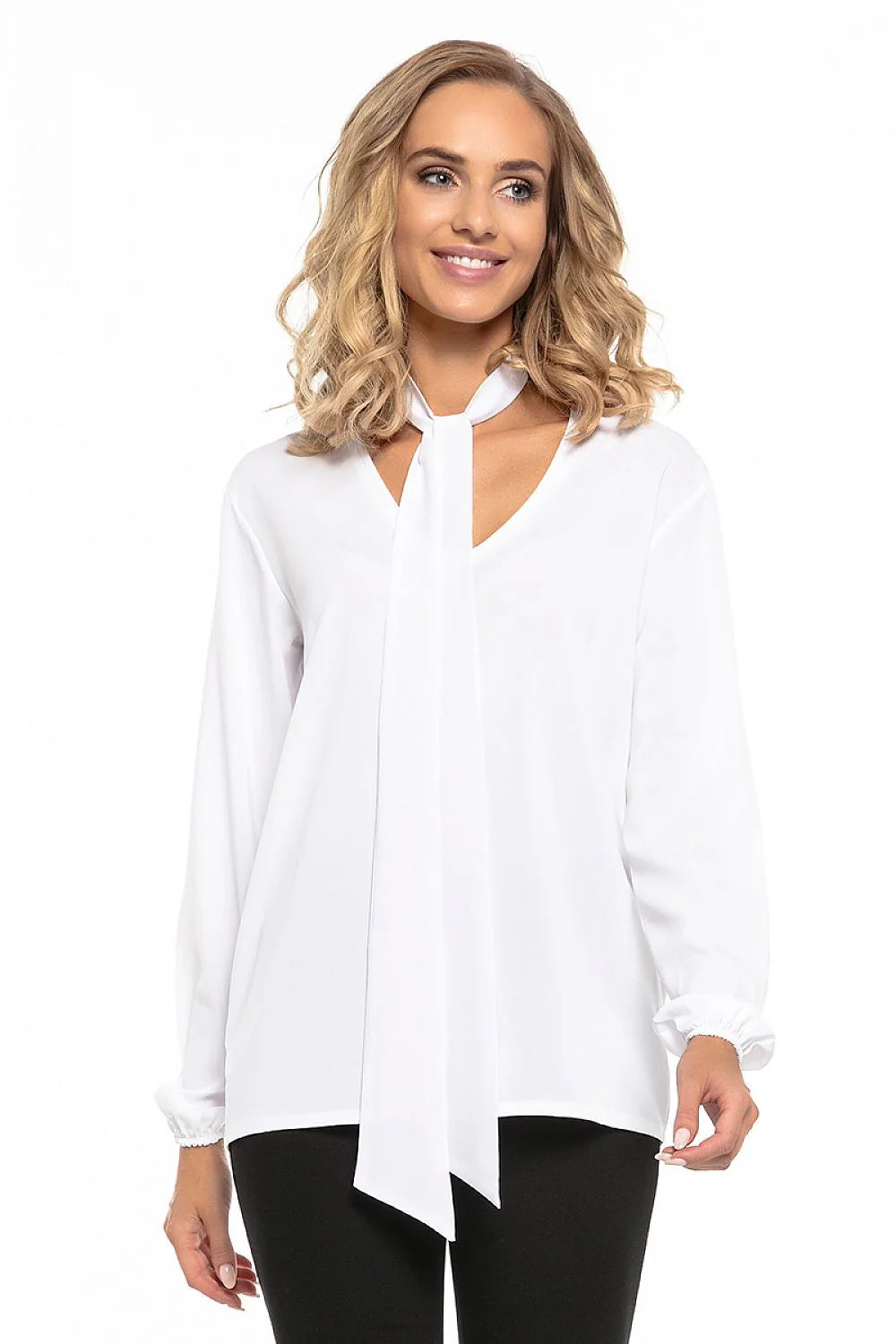 Blouse en polyester fluide moderne élégante avec nœud au cou rose manches longues femme tendance