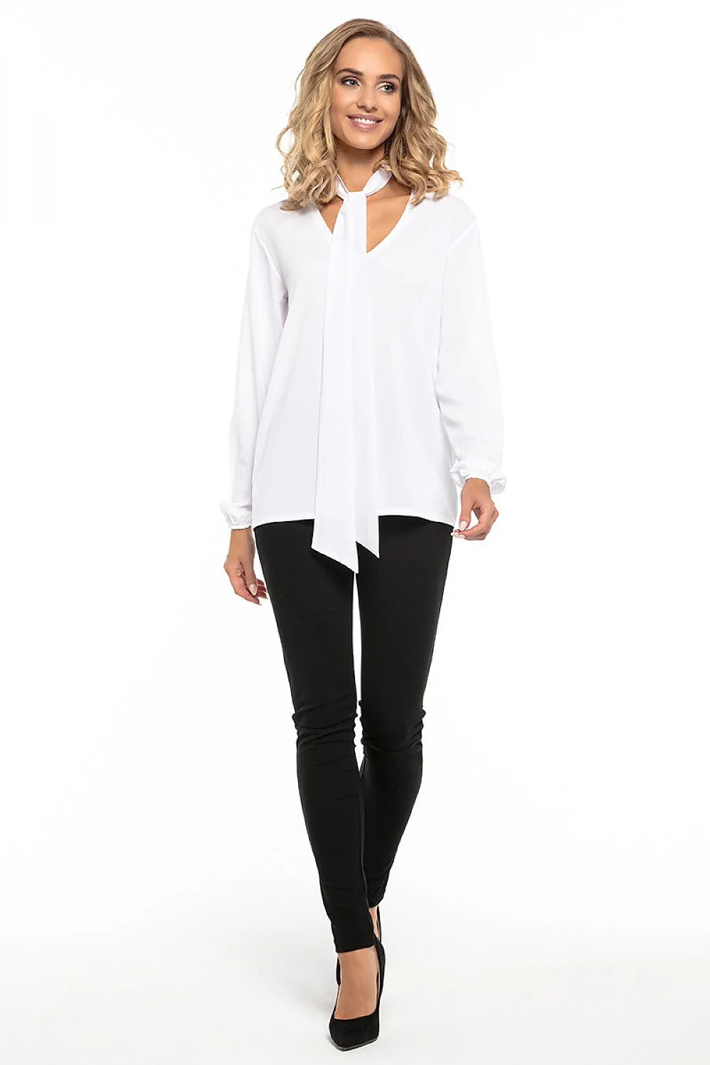 Blouse en polyester fluide moderne élégante avec nœud au cou rose manches longues femme tendance
