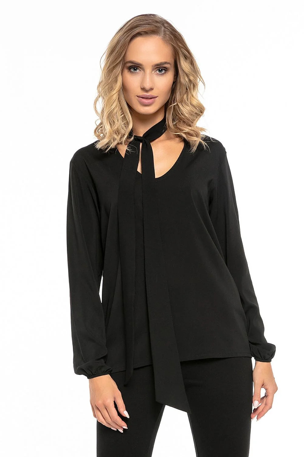 Blouse en polyester fluide moderne élégante avec nœud au cou rose manches longues femme tendance