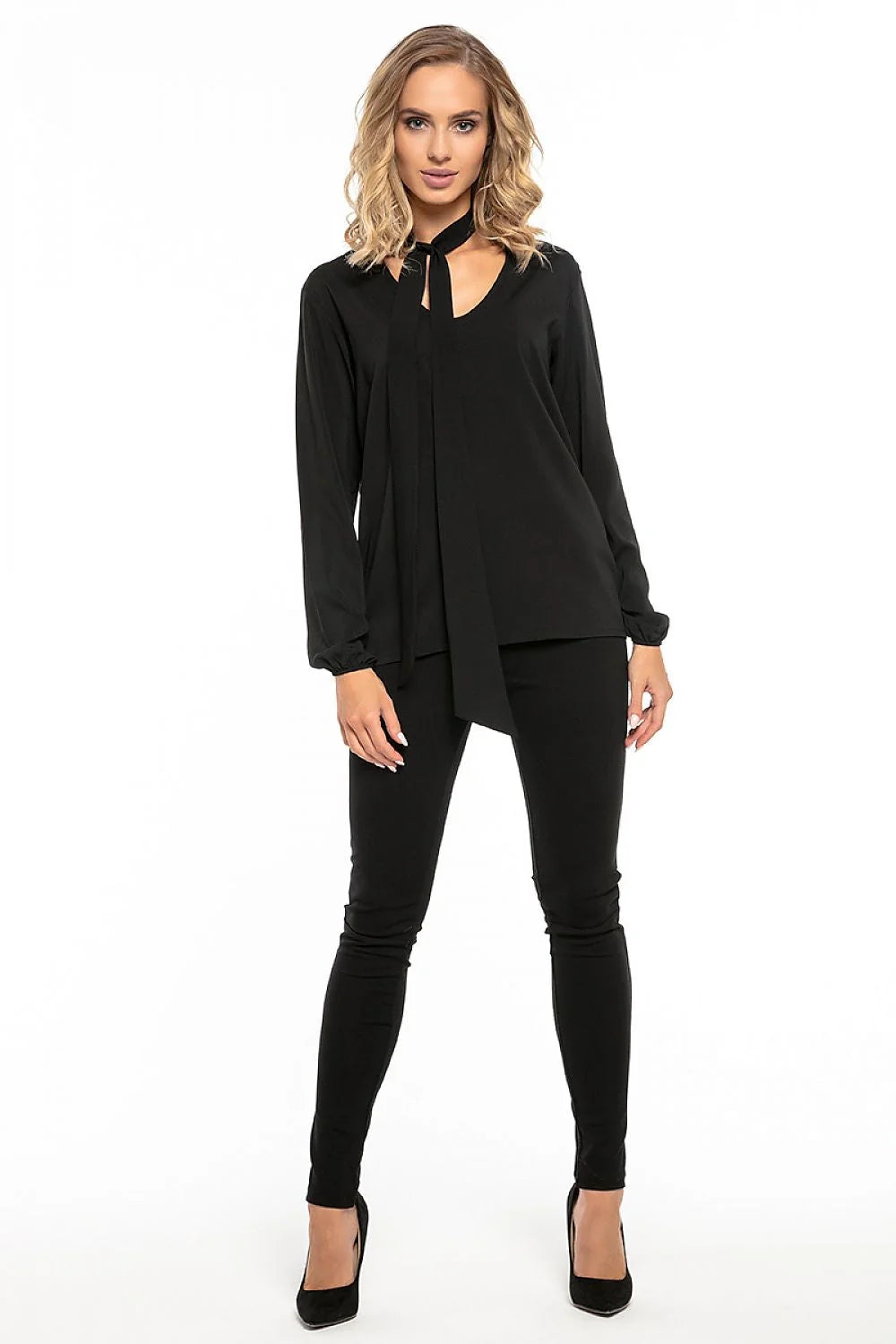 Blouse en polyester fluide moderne élégante avec nœud au cou rose manches longues femme tendance