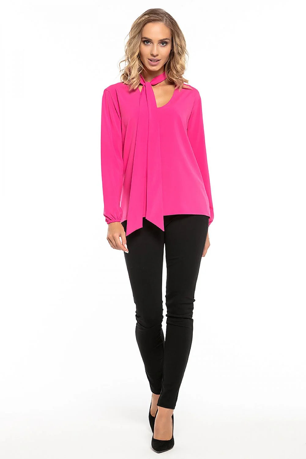 Blouse en polyester fluide moderne élégante avec nœud au cou rose manches longues femme tendance