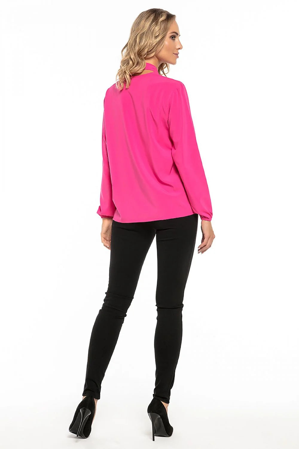 Blouse en polyester fluide moderne élégante avec nœud au cou rose manches longues femme tendance