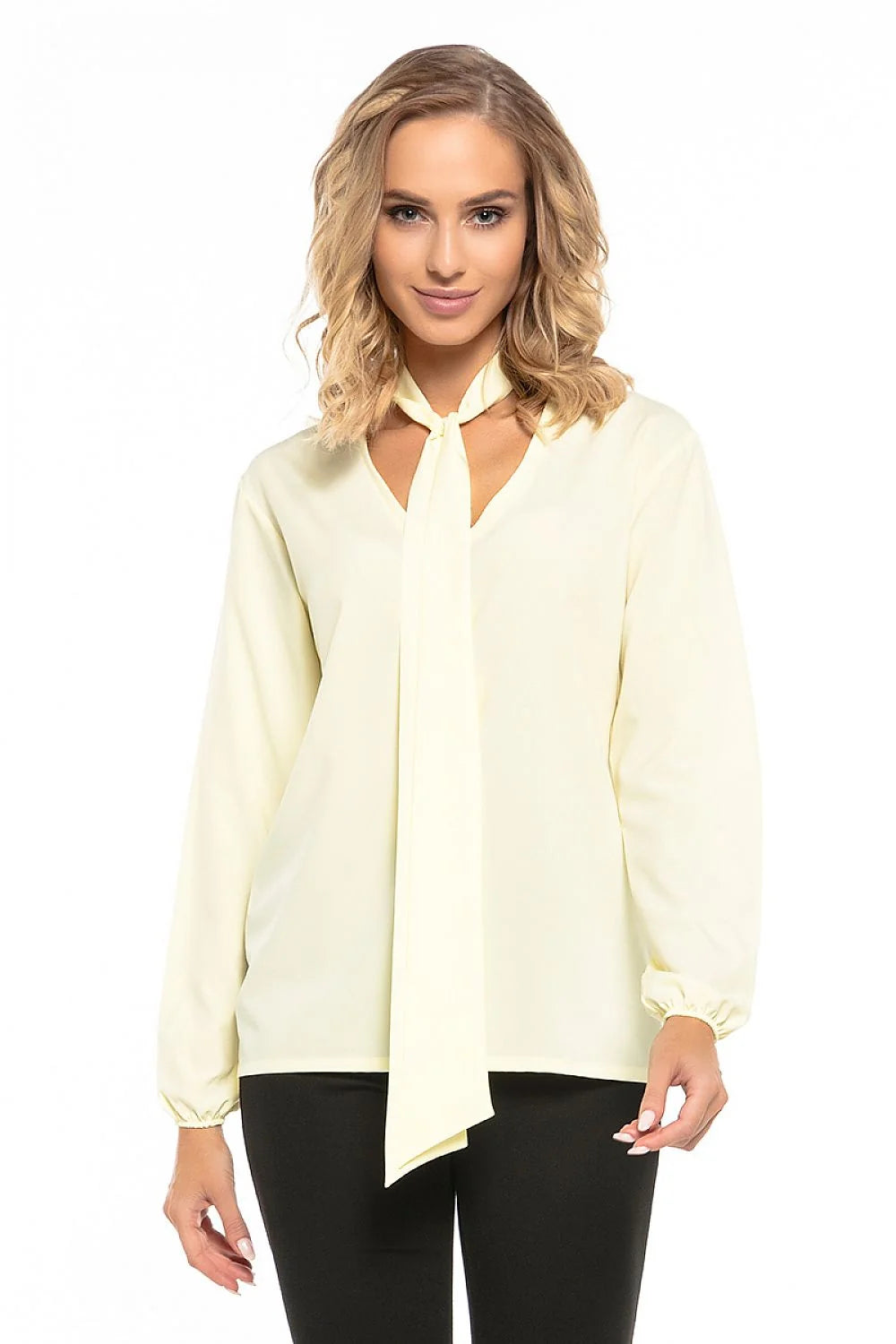 Blouse en polyester fluide moderne élégante avec nœud au cou rose manches longues femme tendance