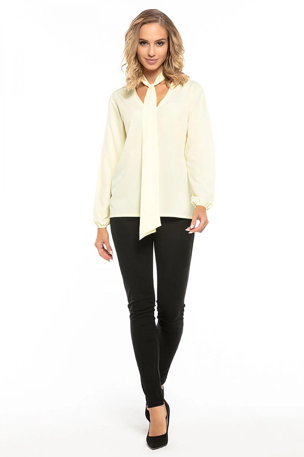 Blouse en polyester fluide moderne élégante avec nœud au cou rose manches longues femme tendance