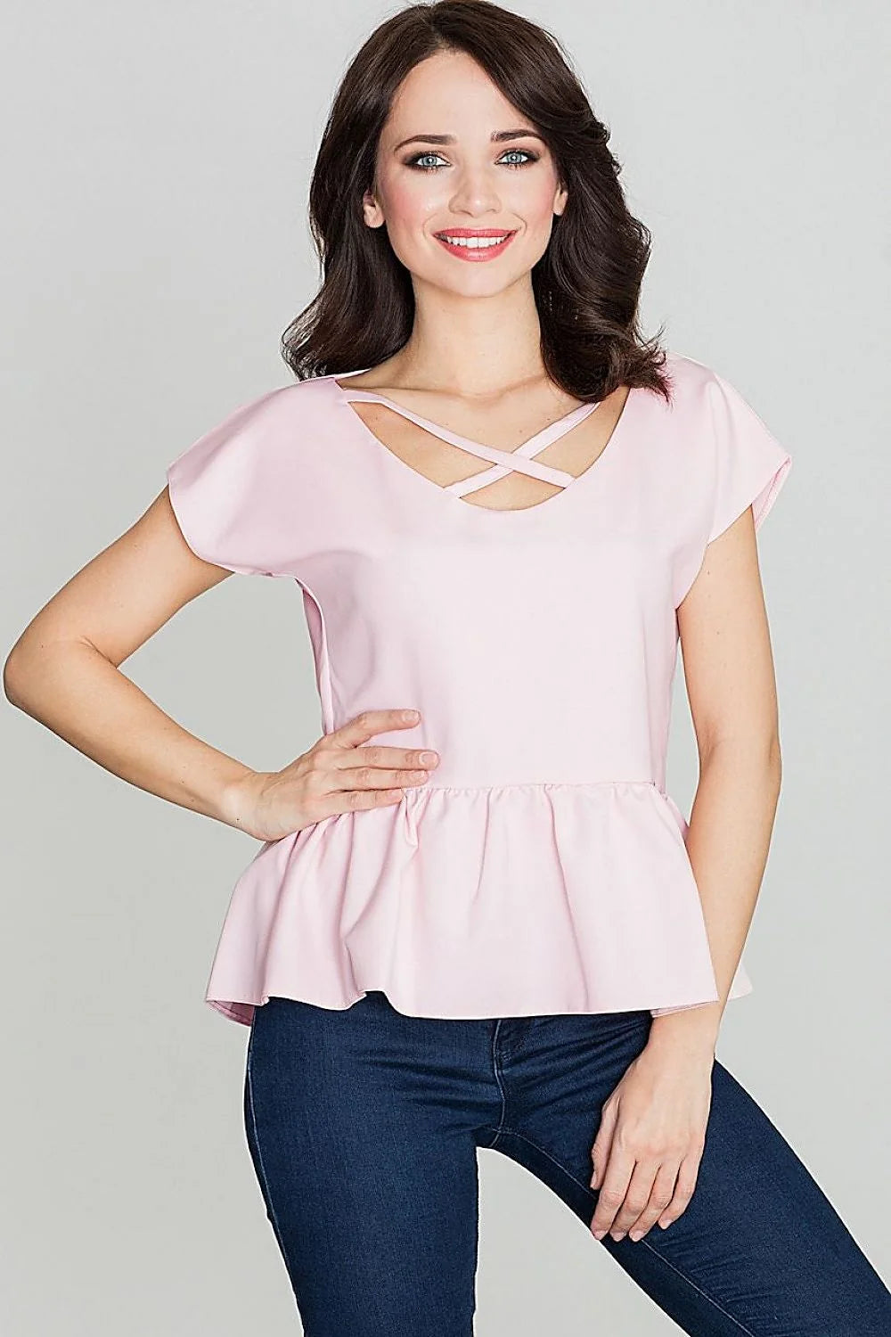 Blouse en polyester rose péplum décontractée avec bretelles croisées et manches courtes pour femmes tendance