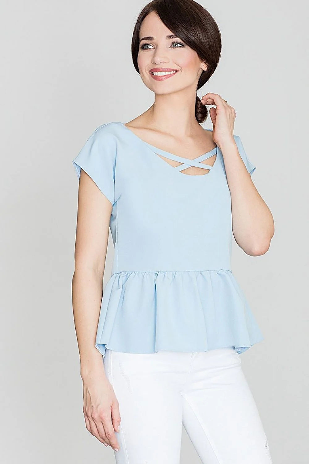Blouse en polyester rose péplum décontractée avec bretelles croisées et manches courtes pour femmes tendance