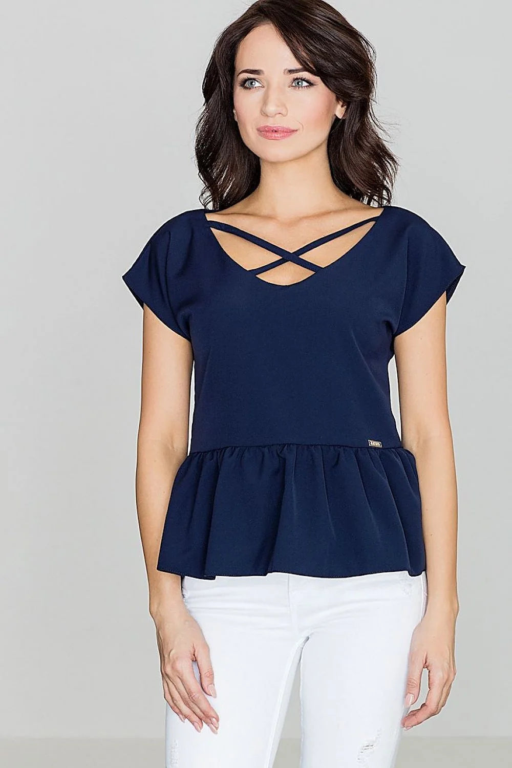 Blouse en polyester rose péplum décontractée avec bretelles croisées et manches courtes pour femmes tendance