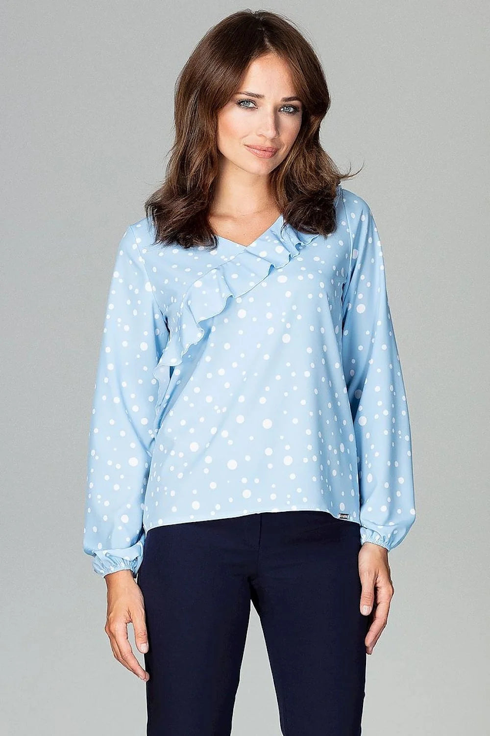 Blouse Femme Élégante Polyester Moderne Bleu Ciel Pois Volants Décontractée Mode Féminine Manches Longues