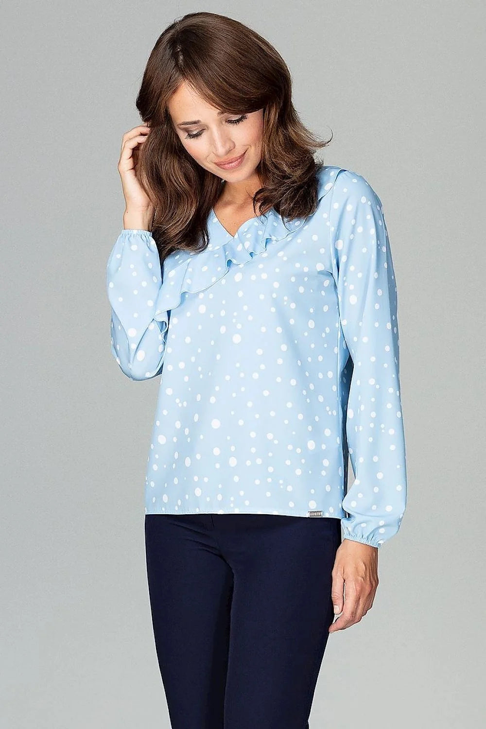 Blouse Femme Élégante Polyester Moderne Bleu Ciel Pois Volants Décontractée Mode Féminine Manches Longues