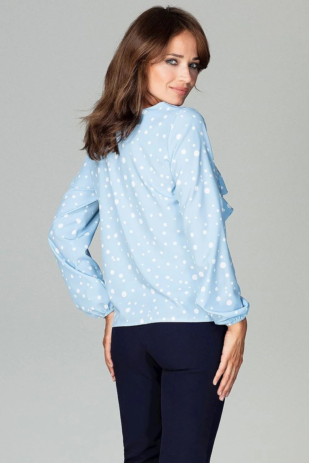 Blouse Femme Élégante Polyester Moderne Bleu Ciel Pois Volants Décontractée Mode Féminine Manches Longues