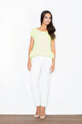 blouse femme Figl jaune pastel manches courtes encolure bateau peplum volant taille tissu fluide coupe ajustée