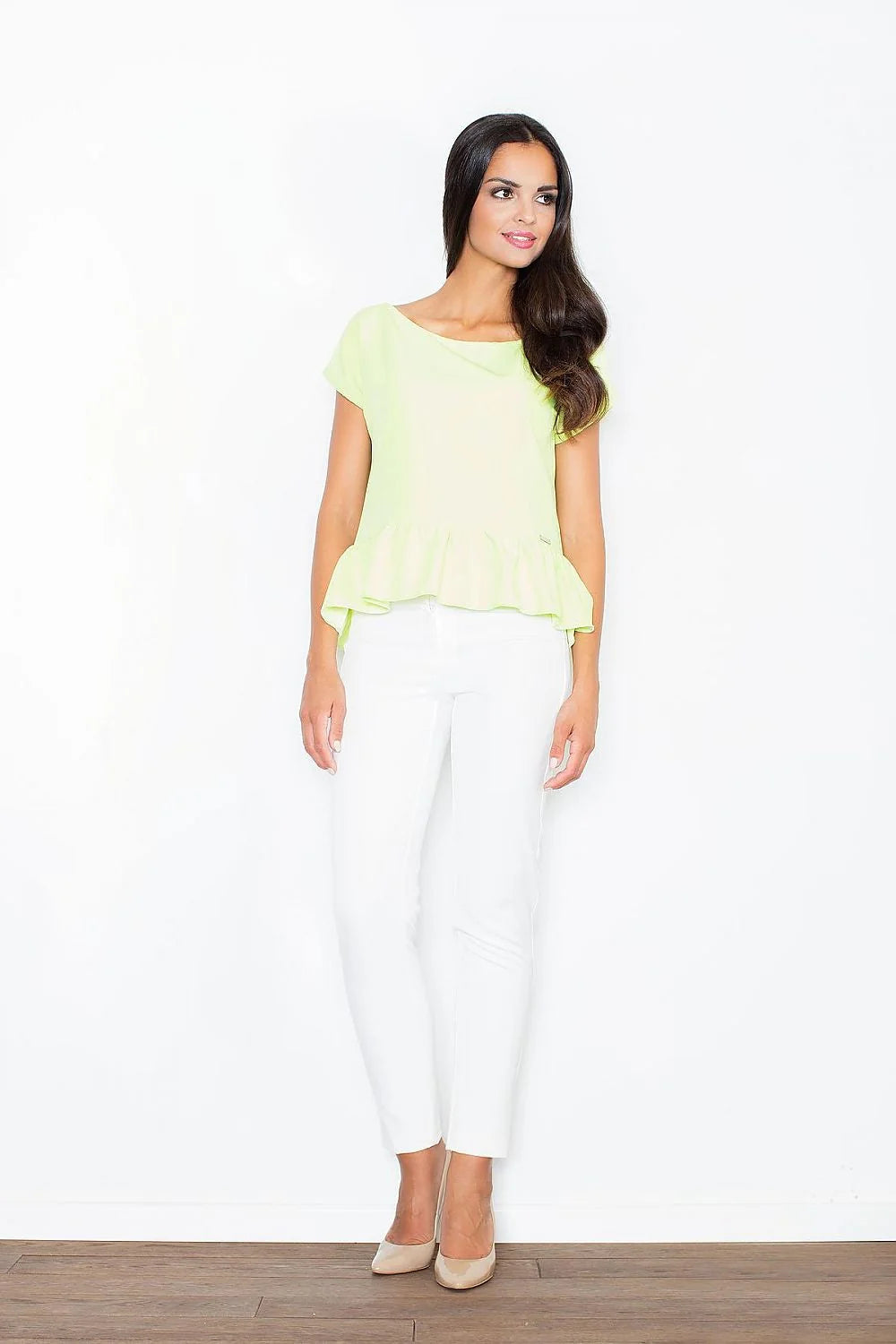 blouse femme Figl jaune pastel manches courtes encolure bateau peplum volant taille tissu fluide coupe ajustée