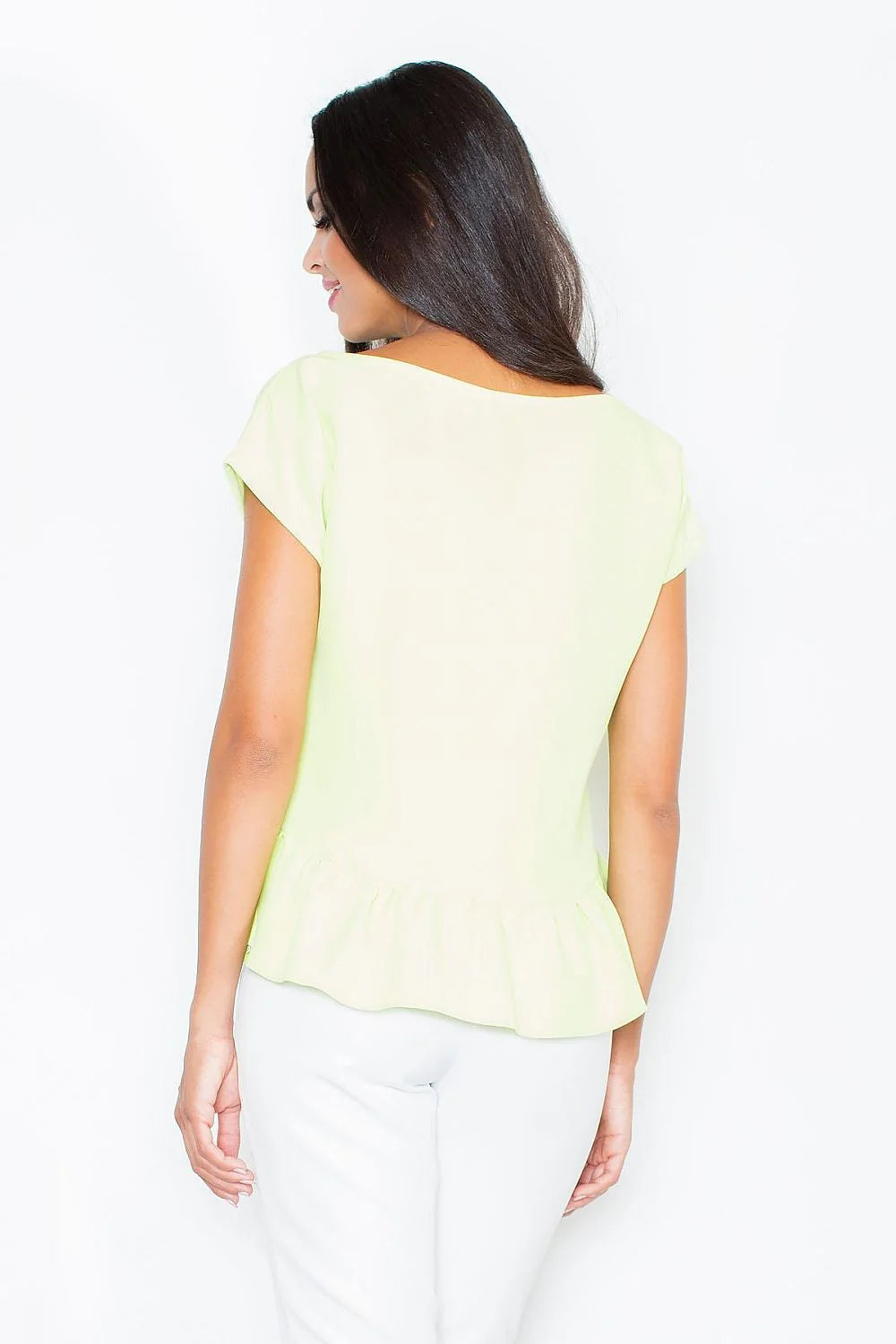 blouse femme Figl jaune pastel manches courtes encolure bateau peplum volant taille tissu fluide coupe ajustée