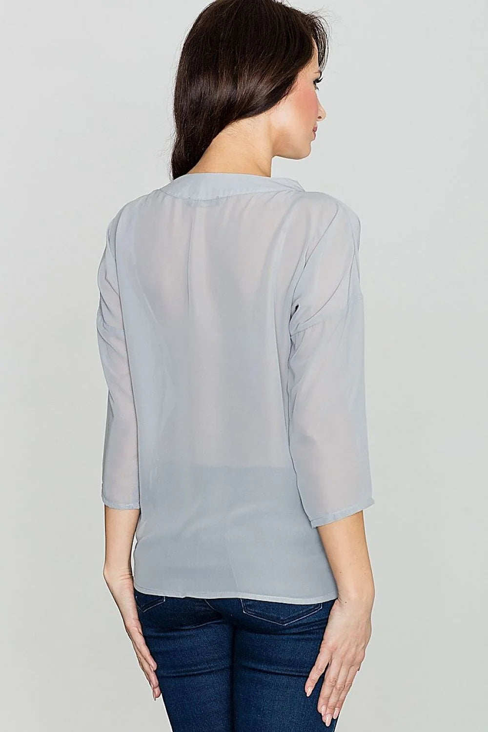 blouse femme mousseline gris col V croisé manches trois quarts coupe ample fluide semi transparentes polyester léger tombé élégant polyvalent