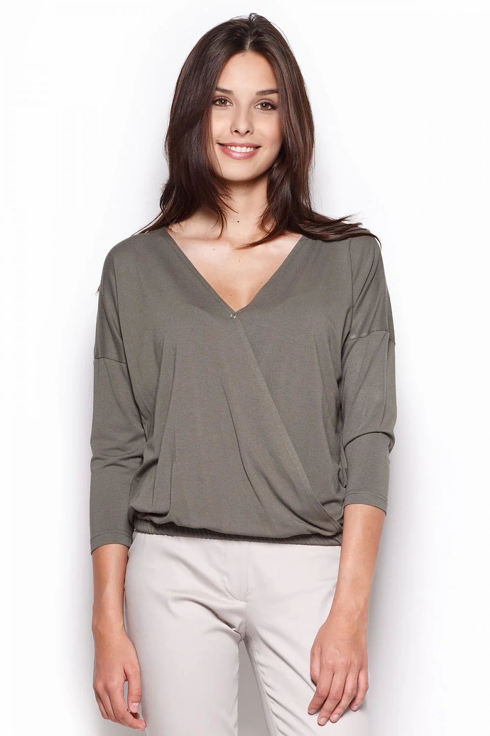Blouse fluide kaki en coton style décontracté col V manches longues mode féminine tendance casual