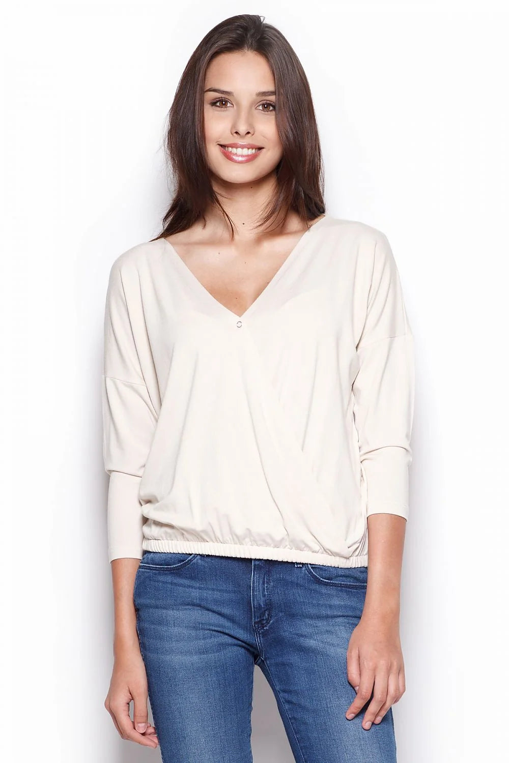 Blouse fluide kaki en coton style décontracté col V manches longues mode féminine tendance casual