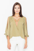 Blouse kaki élégante en tissu léger, manches longues, décolleté en V, parfaite pour sortie féminine