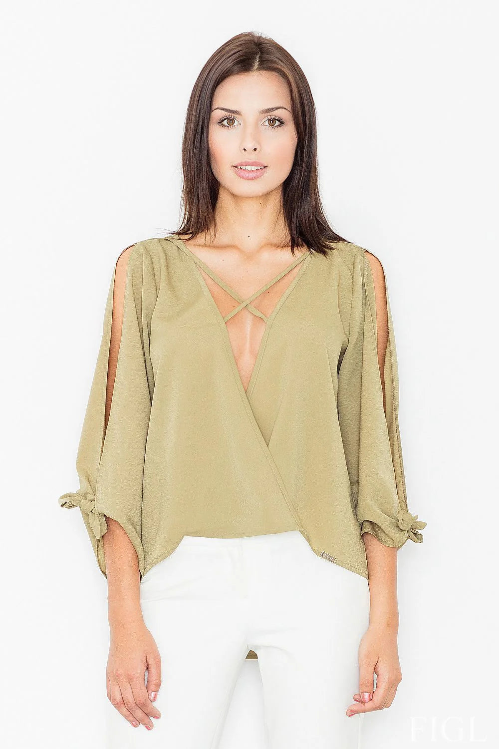 Blouse kaki élégante en tissu léger, manches longues, décolleté en V, parfaite pour sortie féminine