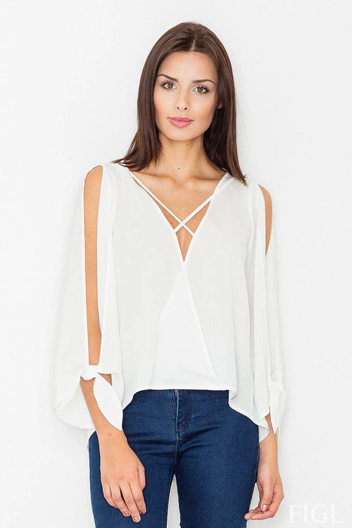 Blouse kaki élégante en tissu léger, manches longues, décolleté en V, parfaite pour sortie féminine