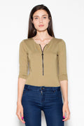 body ajusté manches troisquarts colv zip décoratif métal kaki olive jersey stretch doux viscose élasthanne polyester silhouette élancée polyvalente