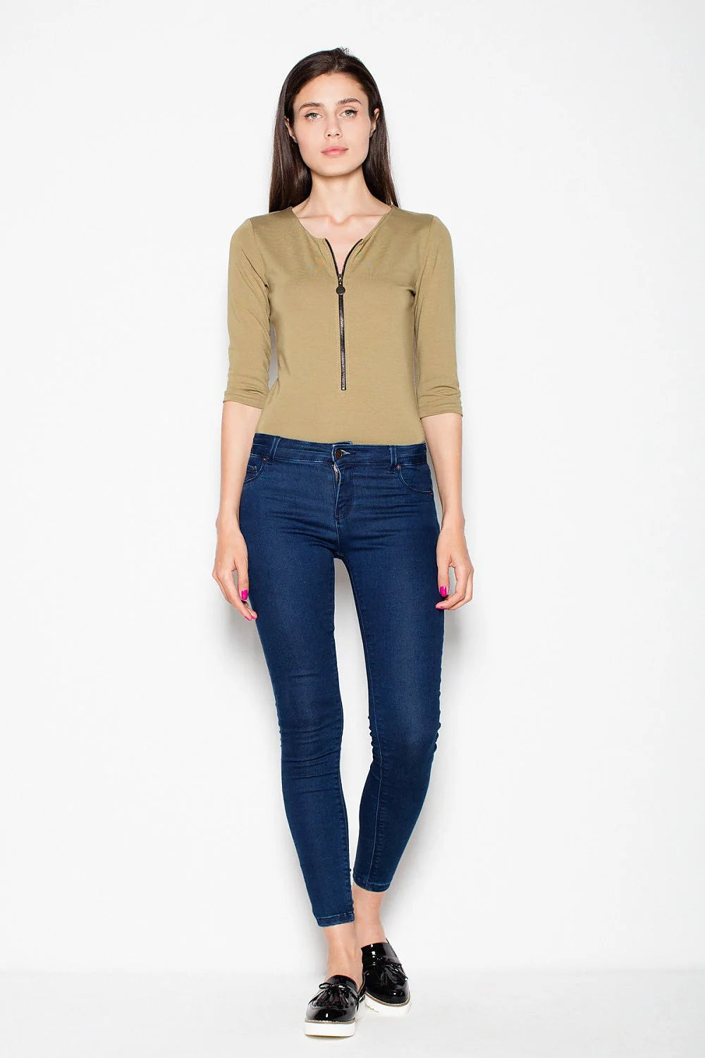 body ajusté manches troisquarts colv zip décoratif métal kaki olive jersey stretch doux viscose élasthanne polyester silhouette élancée polyvalente