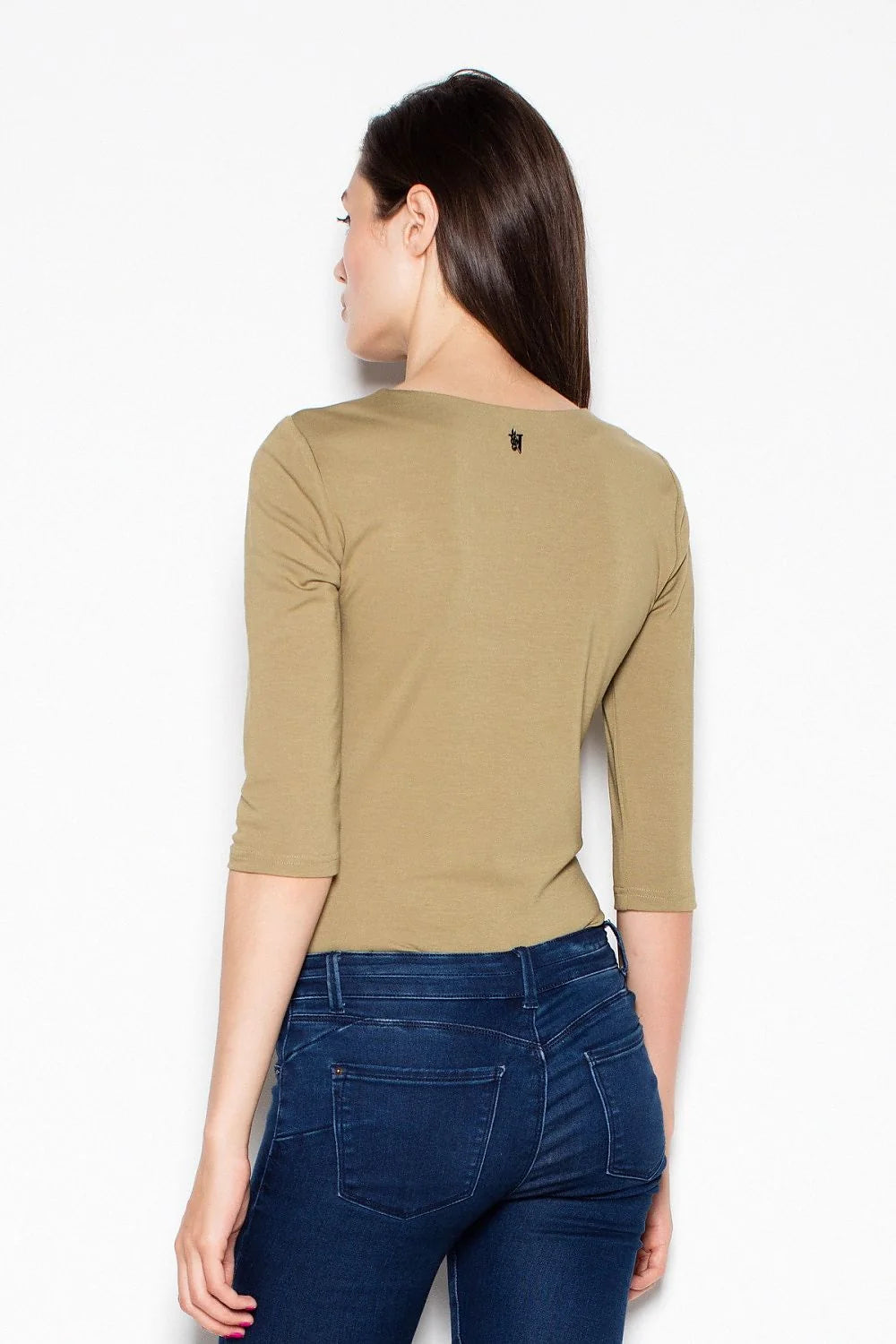 body ajusté manches troisquarts colv zip décoratif métal kaki olive jersey stretch doux viscose élasthanne polyester silhouette élancée polyvalente