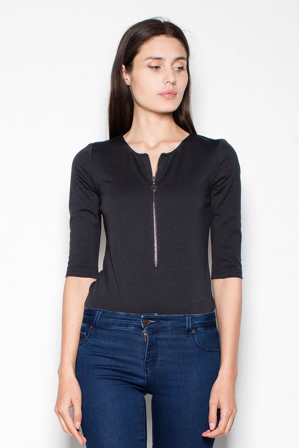 body ajusté manches troisquarts colv zip décoratif métal kaki olive jersey stretch doux viscose élasthanne polyester silhouette élancée polyvalente