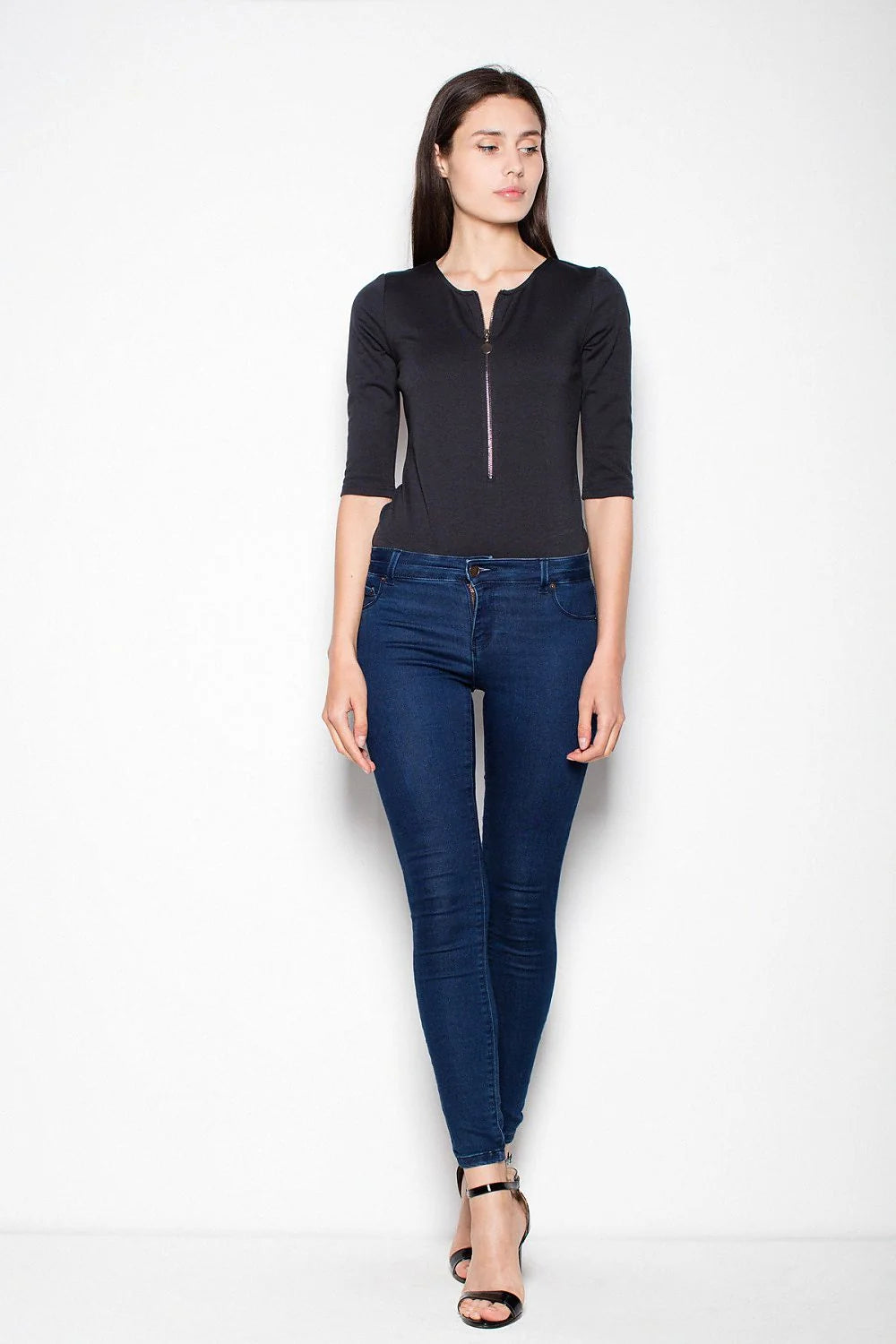 body ajusté manches troisquarts colv zip décoratif métal kaki olive jersey stretch doux viscose élasthanne polyester silhouette élancée polyvalente