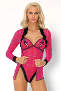 Body en dentelle sexy élégant rose et noir avec broderies florales manches longues ajustées