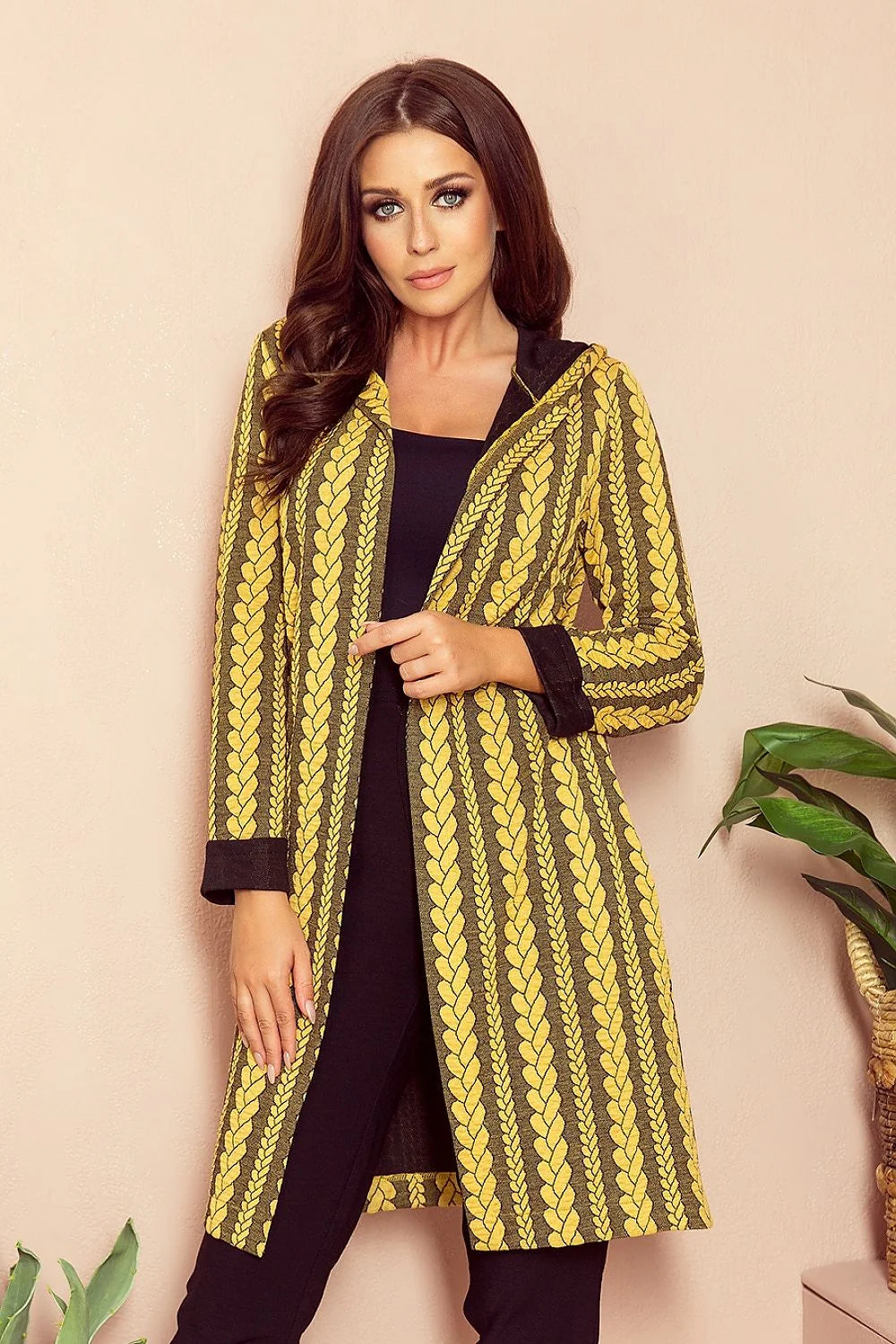 Cardigan long en tissu jacquard moderne à imprimé architectural pour style décontracté et élégant femmes