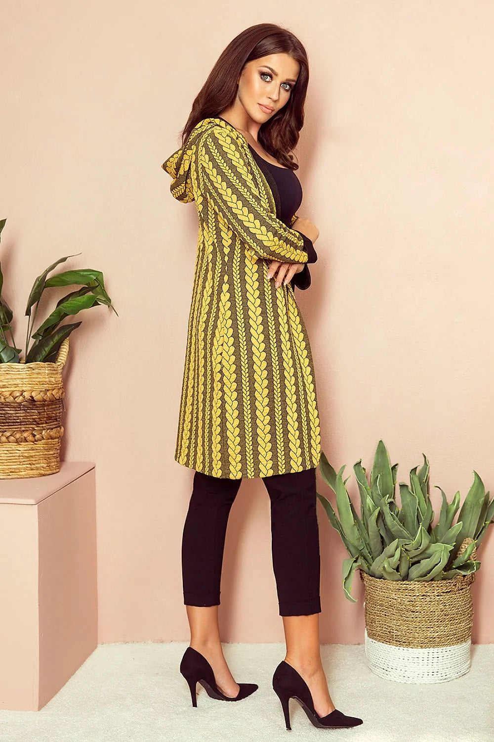 Cardigan long en tissu jacquard moderne à imprimé architectural pour style décontracté et élégant femmes
