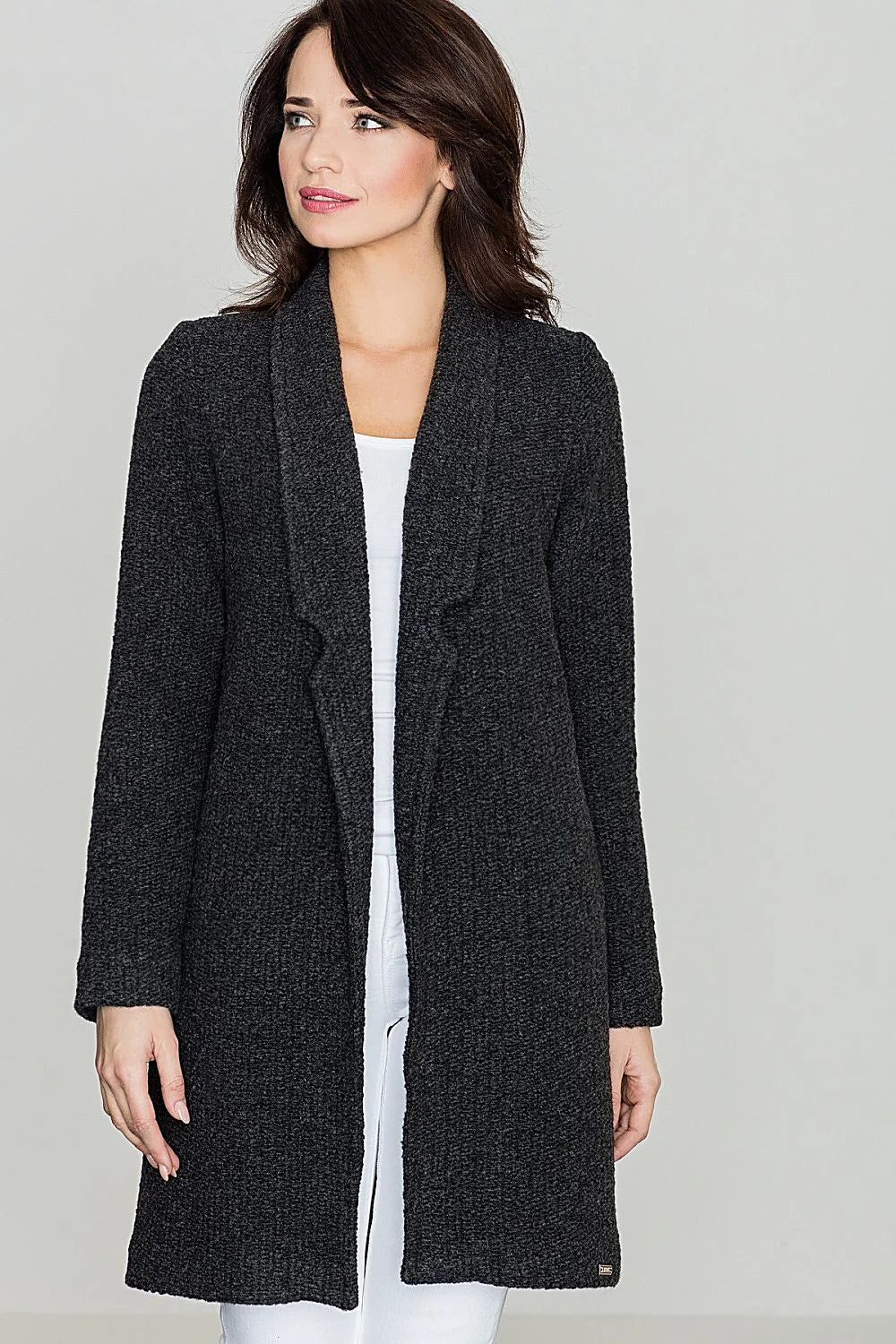 cardigan long gris foncé femme maille texturée col châle manches longues sans fermeture coupe droite mi cuisses chaud élégant polyvalent