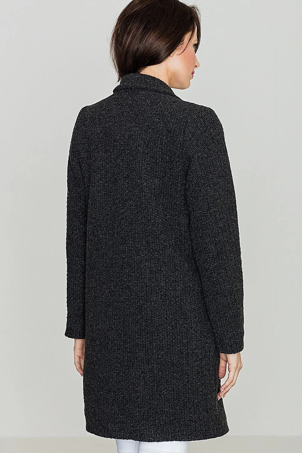 cardigan long gris foncé femme maille texturée col châle manches longues sans fermeture coupe droite mi cuisses chaud élégant polyvalent