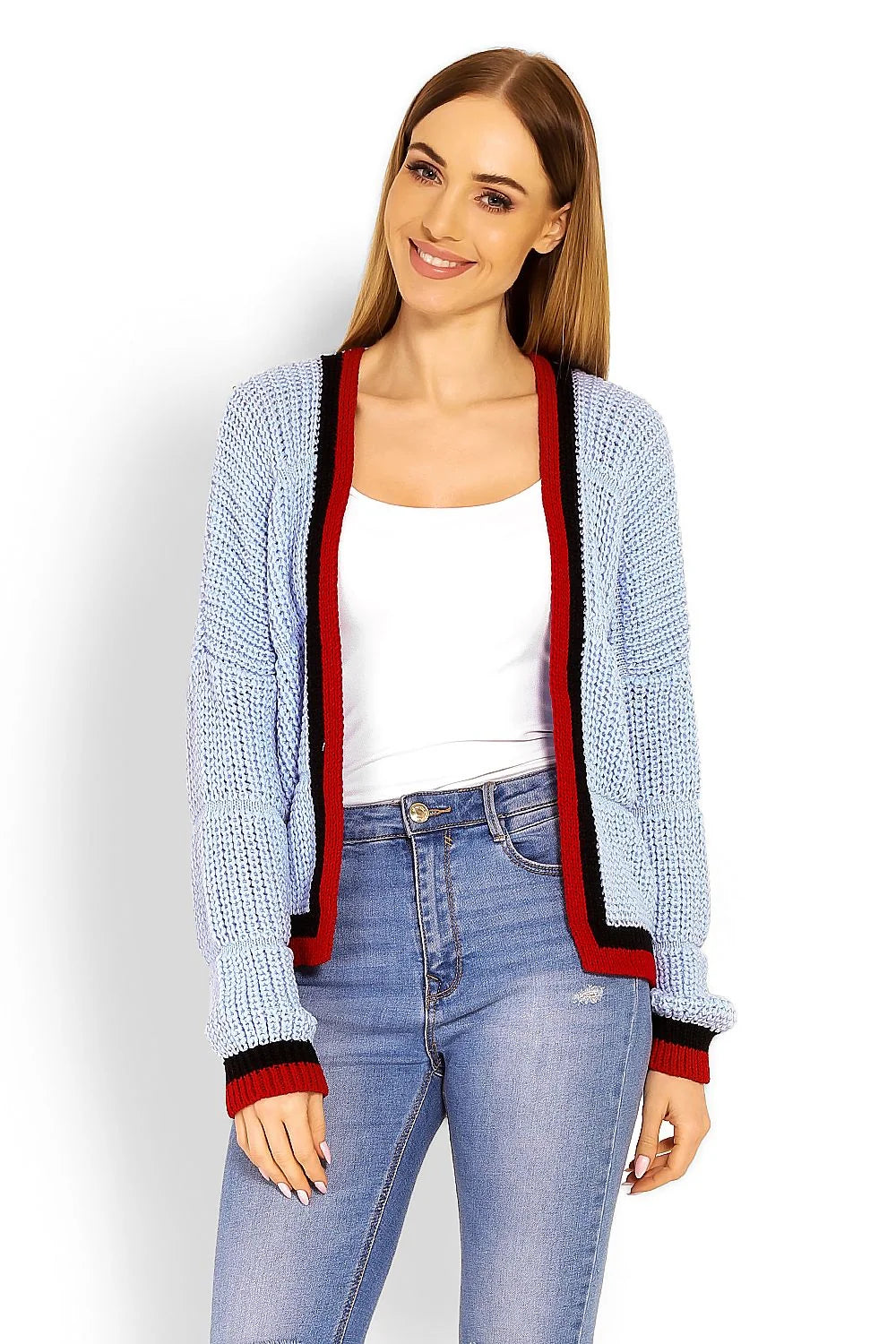 Cardigan tricot acrylique décontracté bleu clair bordures contrastantes tendance confortable mode femme manches longues