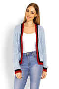 Cardigan tricot acrylique décontracté bleu clair bordures contrastantes tendance confortable mode femme manches longues