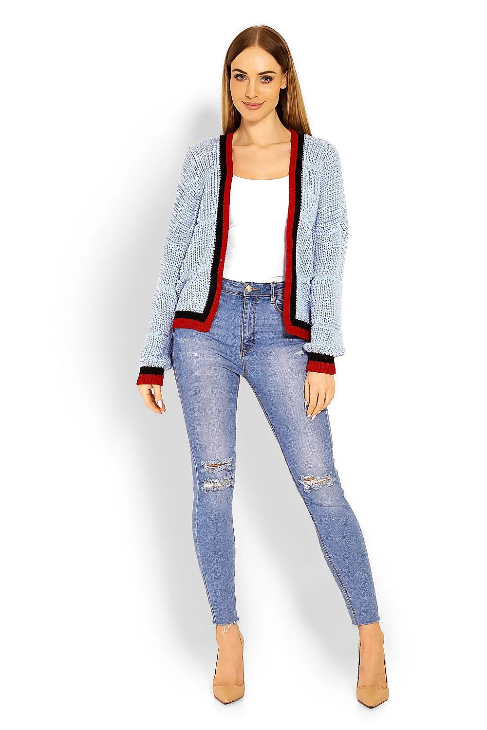 Cardigan tricot acrylique décontracté bleu clair bordures contrastantes tendance confortable mode femme manches longues