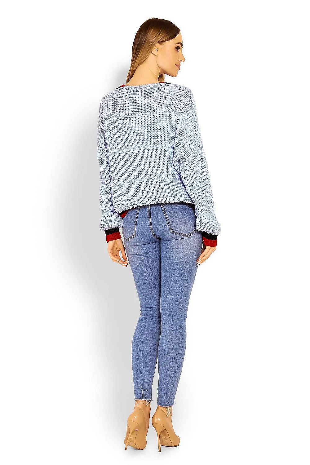 Cardigan tricot acrylique décontracté bleu clair bordures contrastantes tendance confortable mode femme manches longues