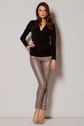 chandail Figl femme coupe enveloppe encolure V manches longues fluide polyester acrylique elasthanne plis hanches ajustée élégante confortable