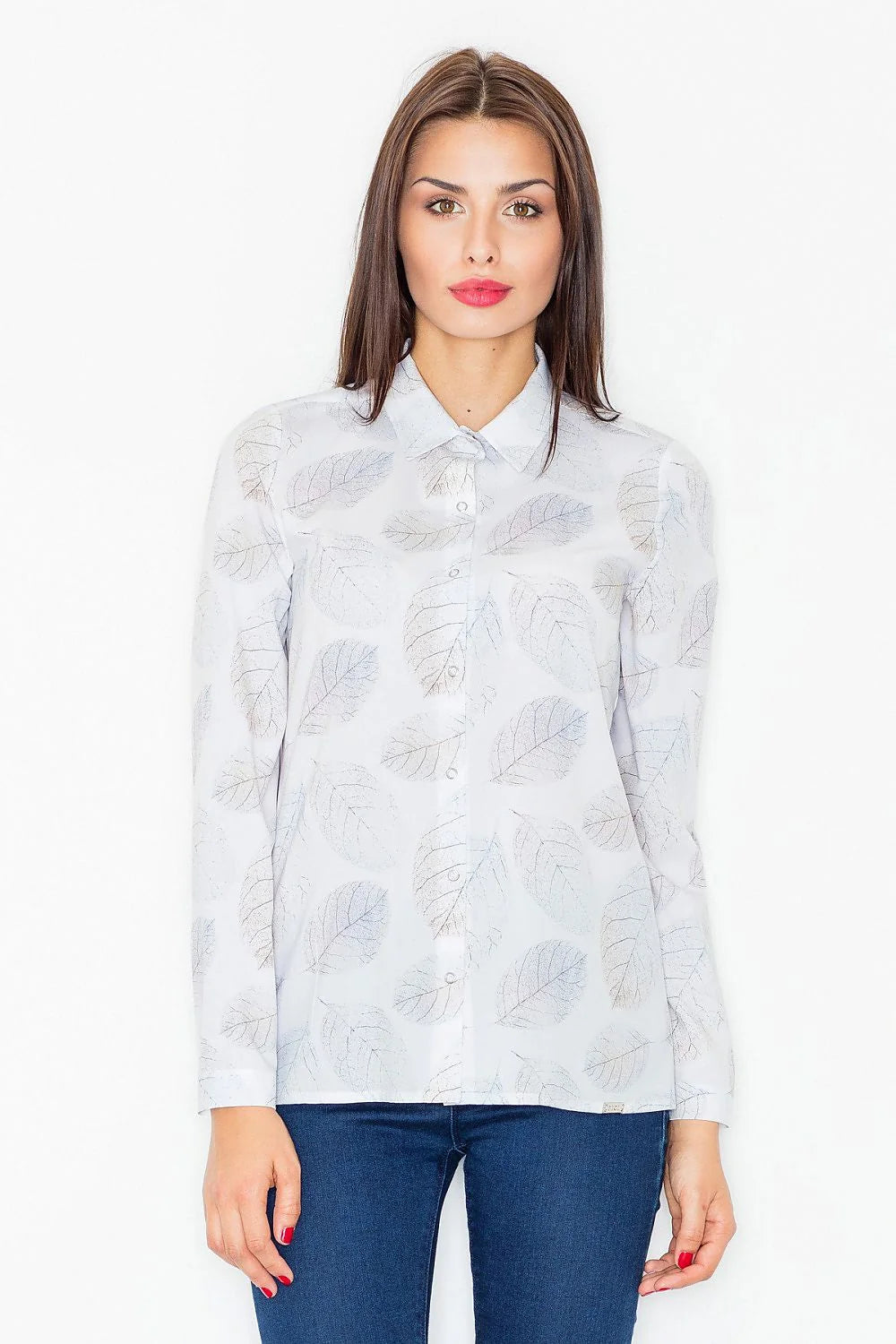 Chemise blanche coton élégant manches longues motifs feuilles imprimées style casual chic pour femmes modernes