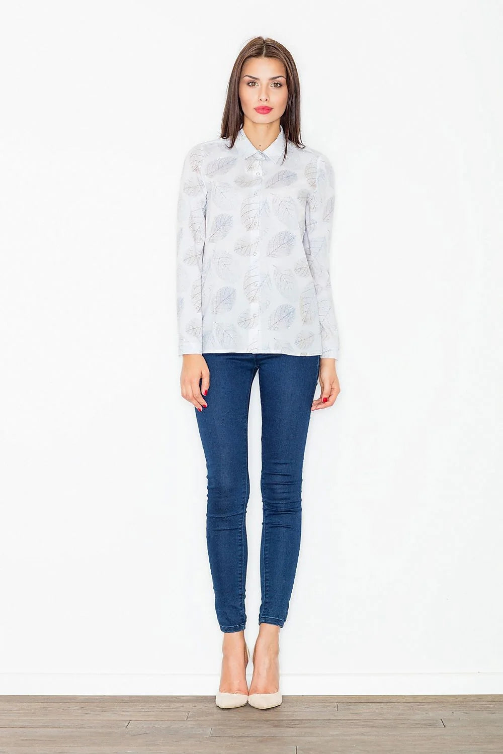 Chemise blanche coton élégant manches longues motifs feuilles imprimées style casual chic pour femmes modernes