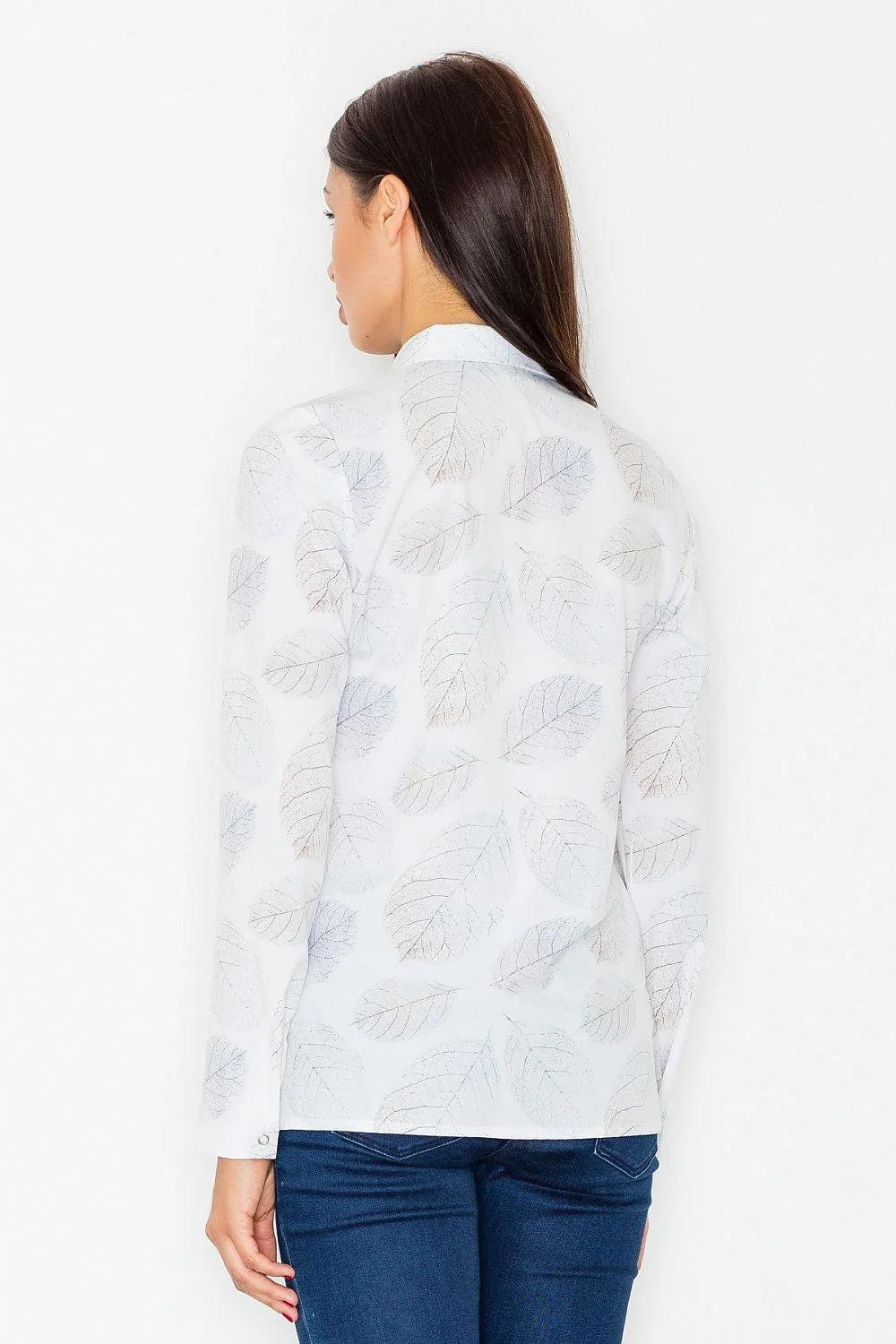 Chemise blanche coton élégant manches longues motifs feuilles imprimées style casual chic pour femmes modernes