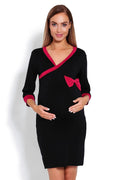 Chemise de nuit grossesse coton doux style élégant manches longues confort bordures rouges maternité