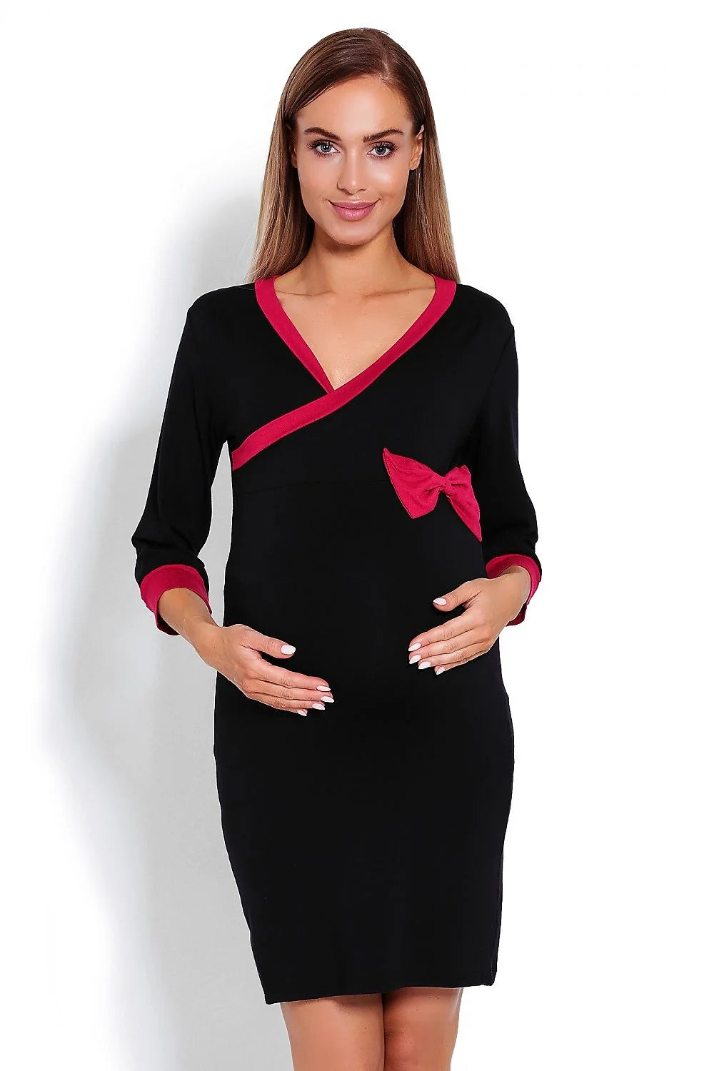 Chemise de nuit grossesse coton doux style élégant manches longues confort bordures rouges maternité