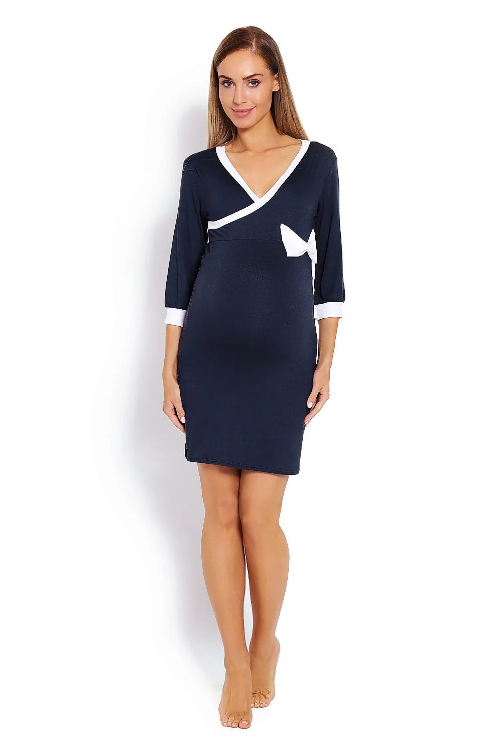 Chemise de nuit grossesse coton doux style élégant manches longues confort bordures rouges maternité