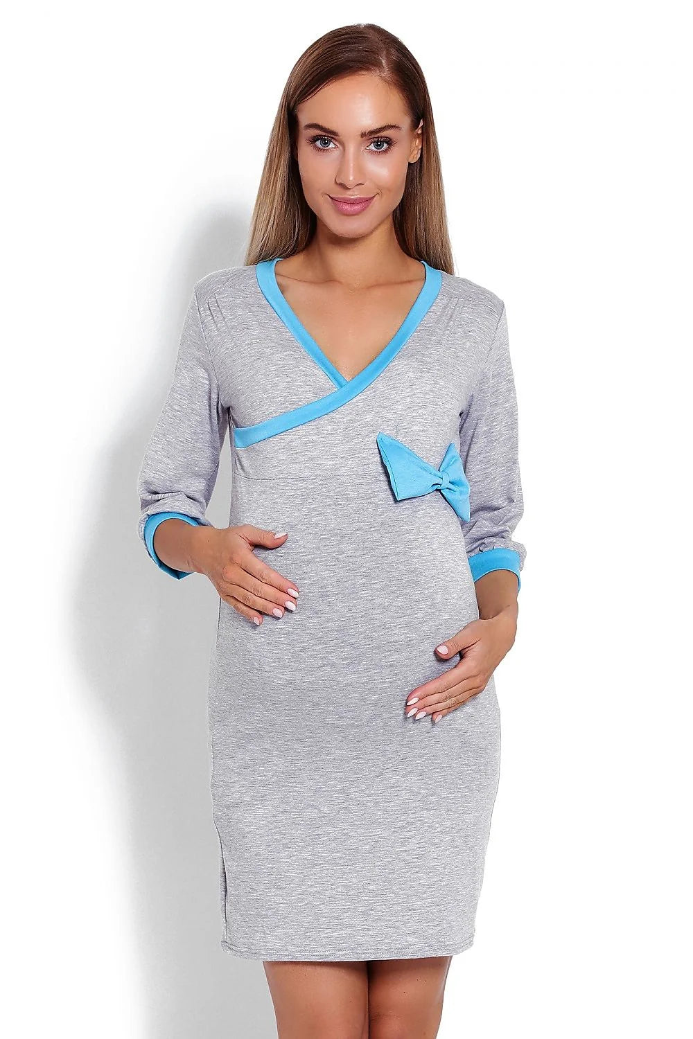 Chemise de nuit grossesse coton doux style élégant manches longues confort bordures rouges maternité